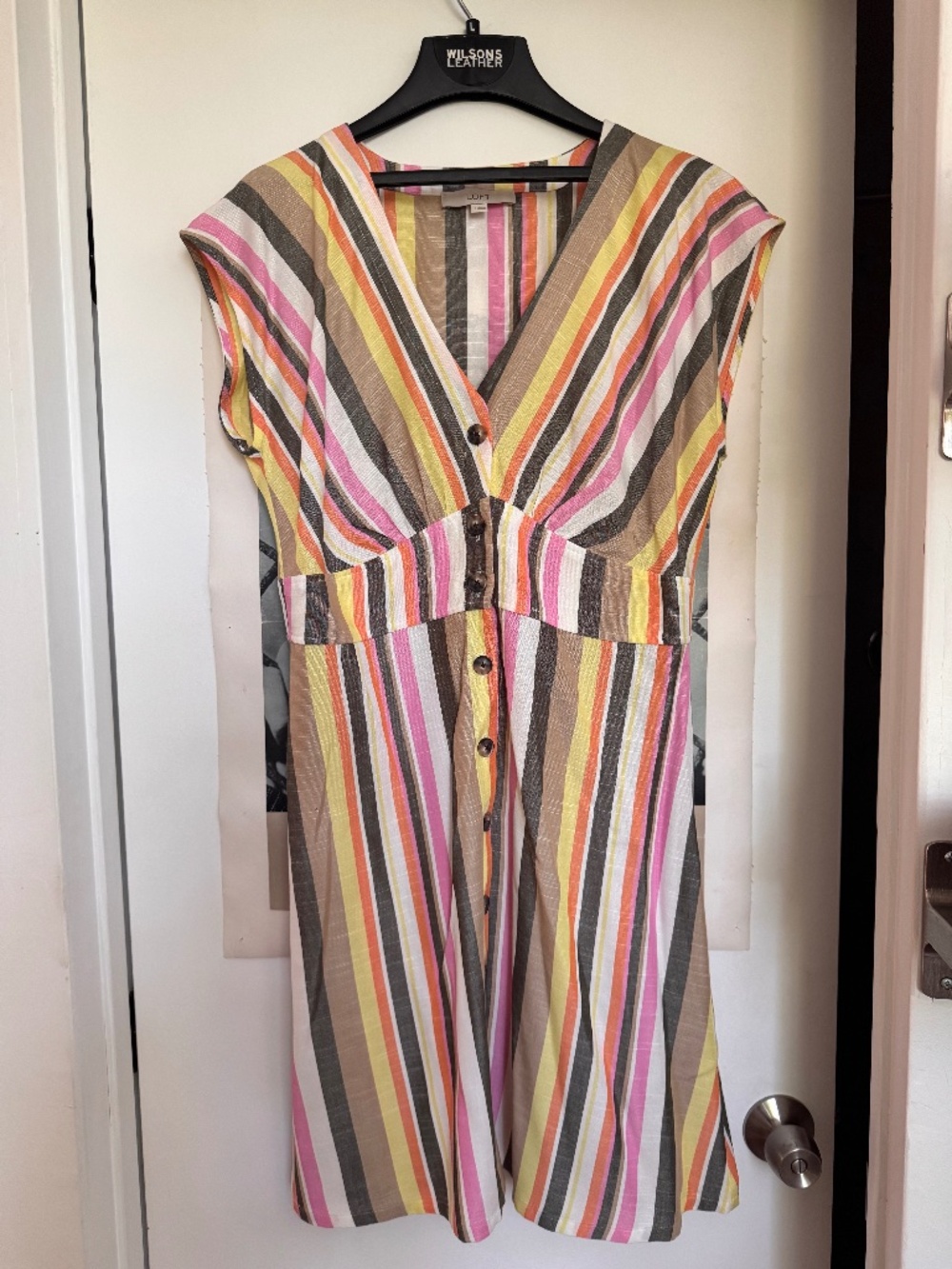 LOFT Striped Button Flare Midi Dress Size 12 Multicolor V Neck